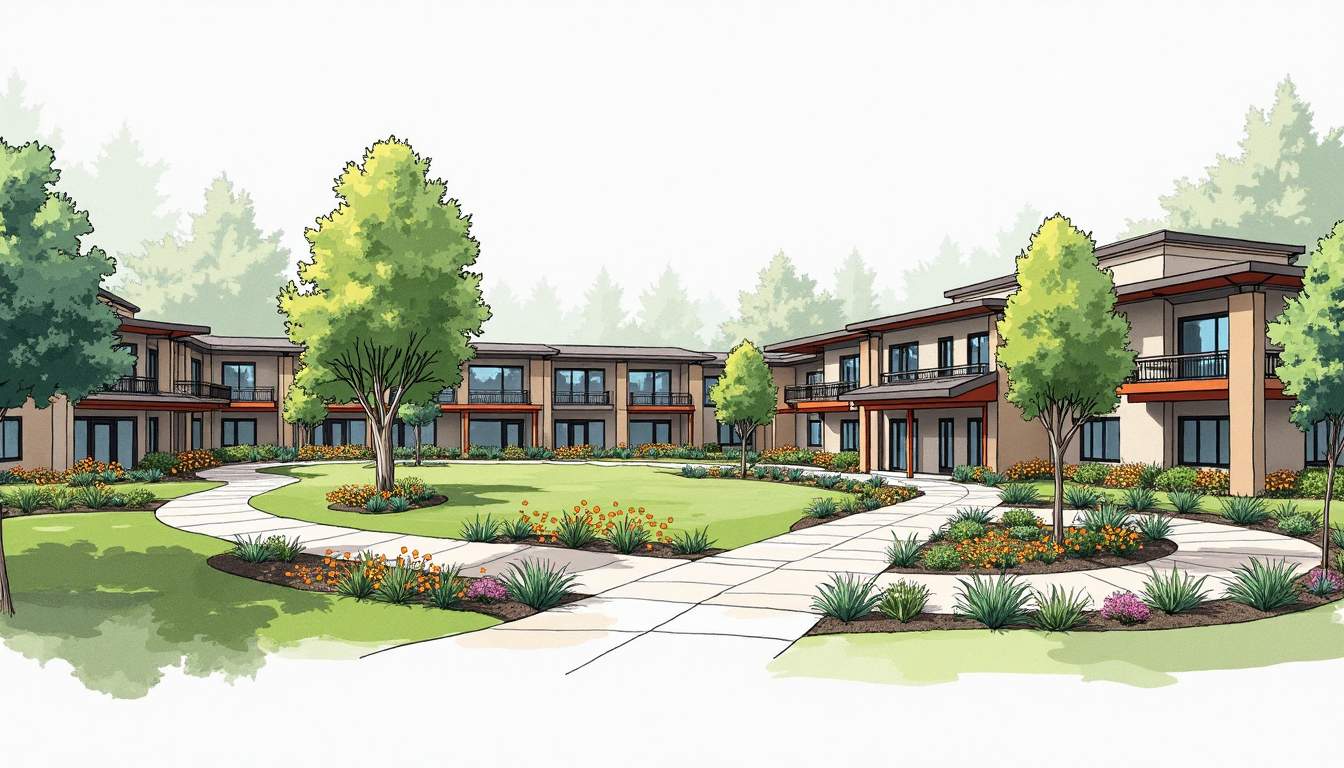 An elegant senior living community with lush landscaping