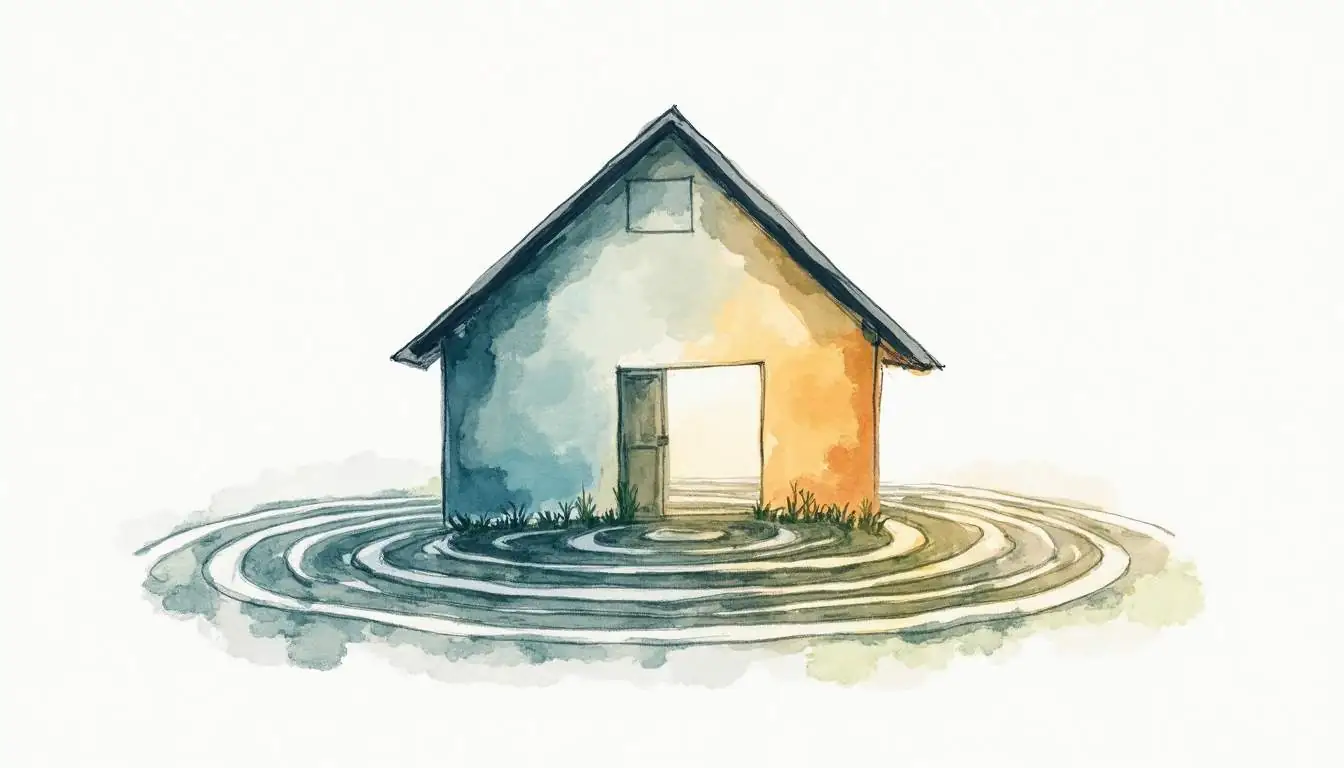 An abstract representation of a house intertwined with a maze