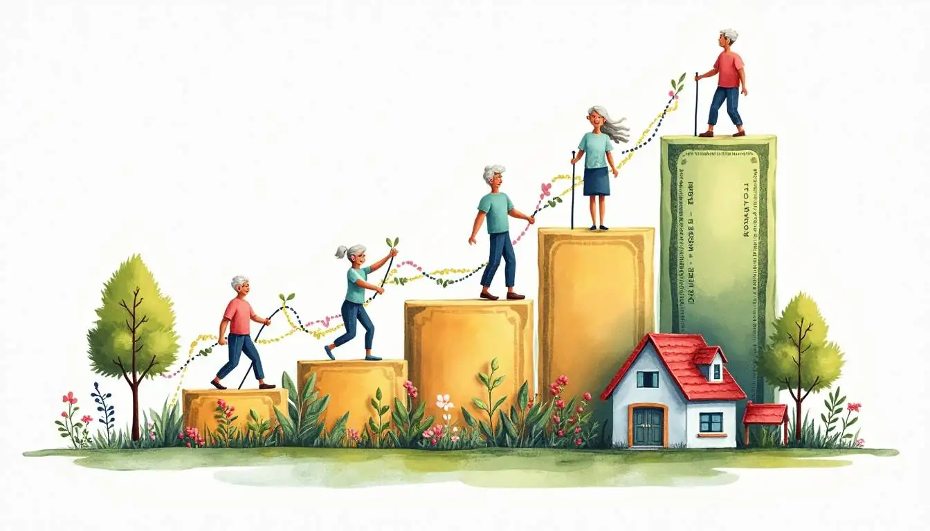An abstract representation of a financial growth chart intertwined with symbols of senior living