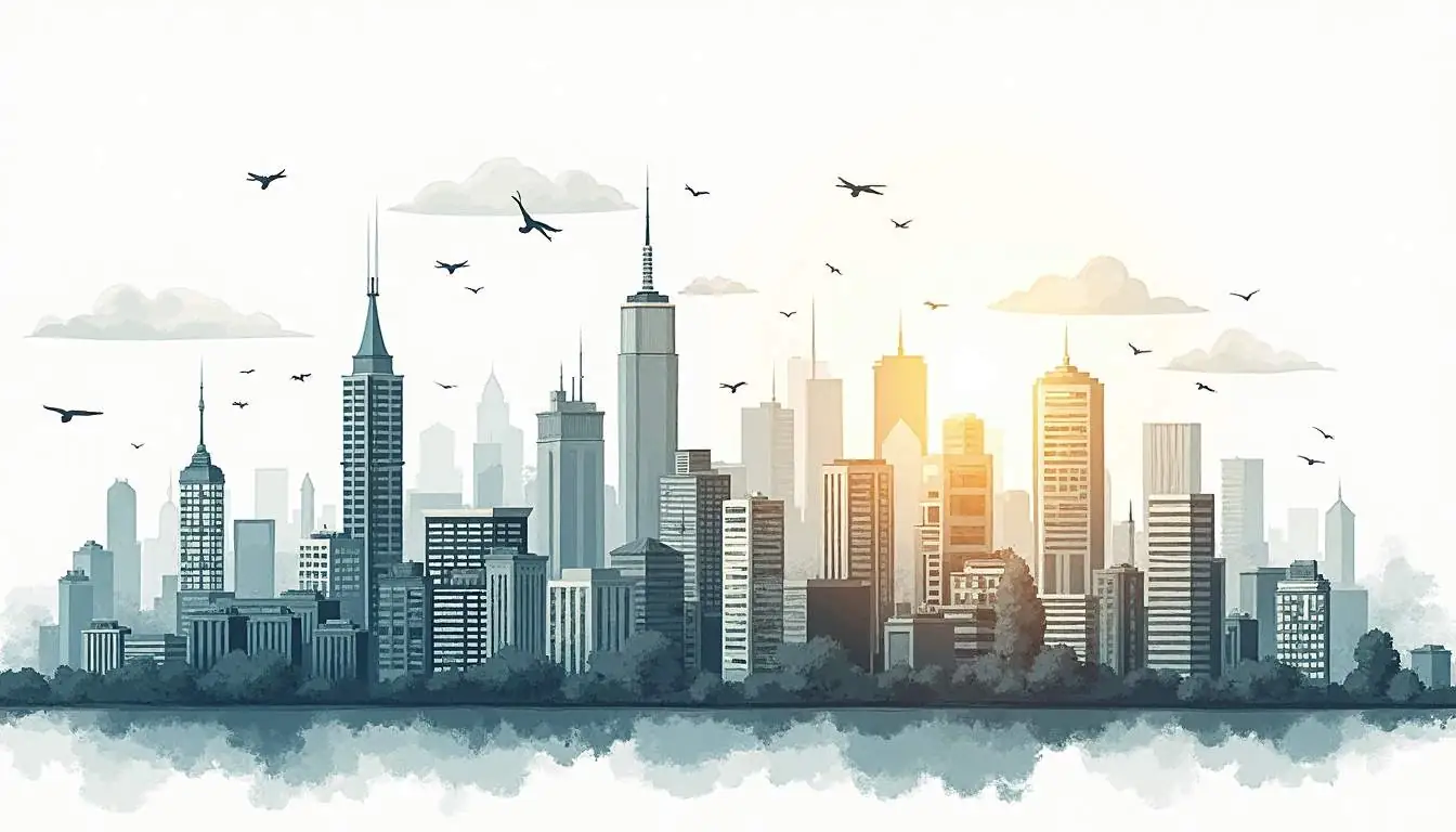 A modern city skyline with a blend of residential and commercial buildings