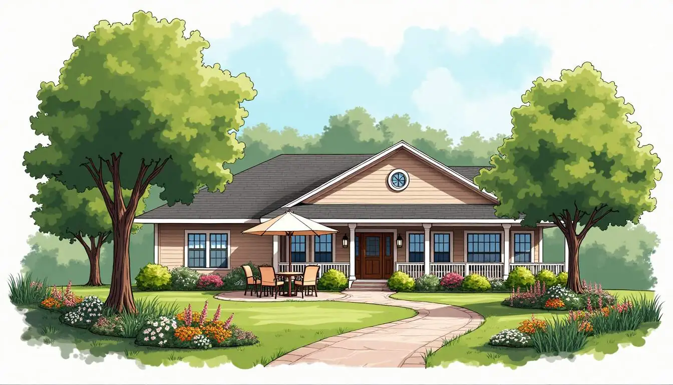 An inviting and cozy assisted living facility surrounded by lush greenery