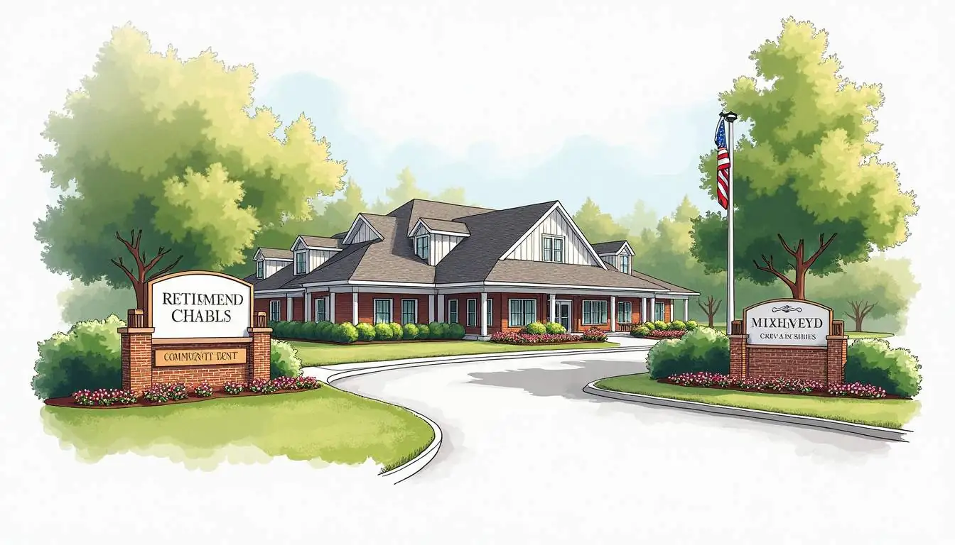 A welcoming retirement community entrance featuring a charming clubhouse