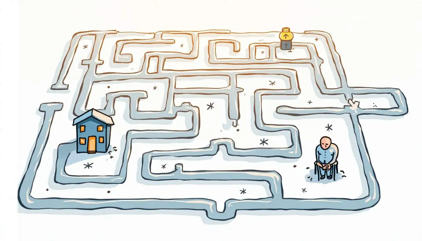 An intricate maze with various pathways leading to symbols representing different elder care services