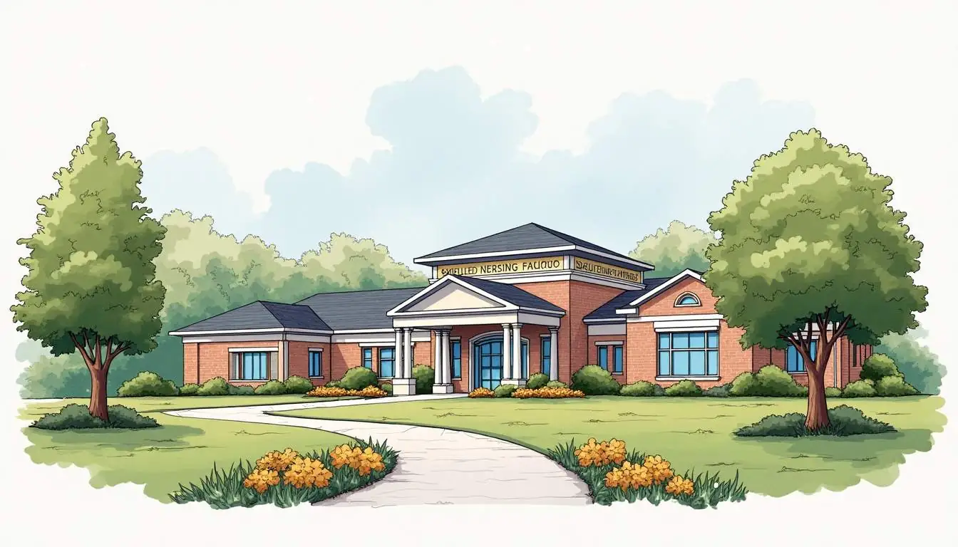 An elegant skilled nursing facility building surrounded by a serene landscape