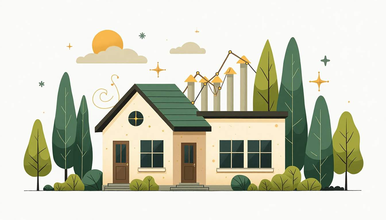 An abstract representation of a senior living facility with elements like a cozy building