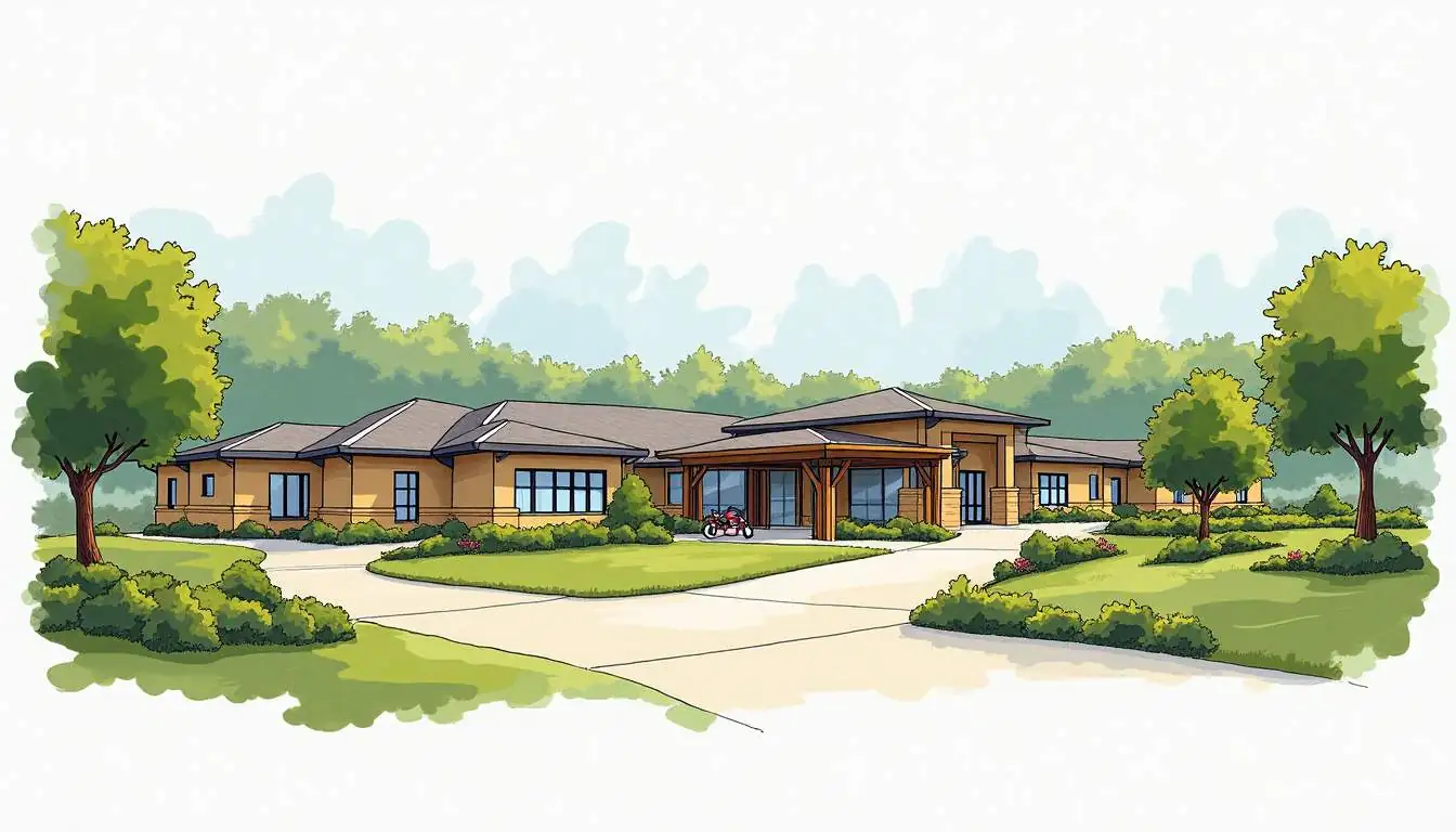 A serene long-term care facility surrounded by lush landscaping