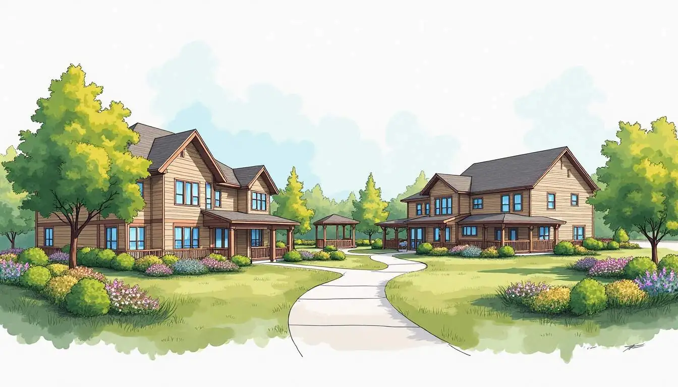 Draw an illustration of a welcoming senior housing community featuring charming buildings surrounded by lush gardens